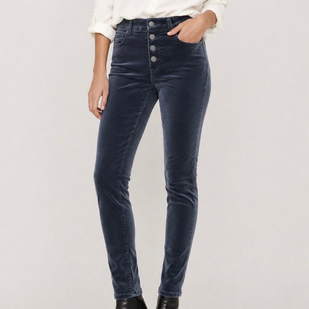 PAIGE JEANS | Slate Blue Velvet High Rise Skinny Jeans Button Fly | Size 29 (8)